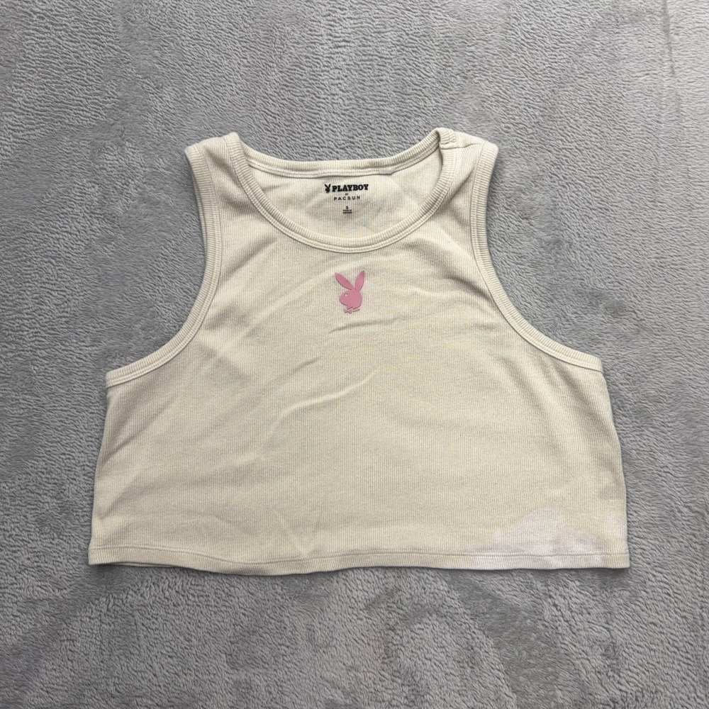 Playboy Tank Top Womens Small Cream Pink Logo Ribbed Crop Sleeveless PacSun